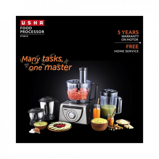 Usha FP 3810 Food Processor 1000 Watts Copper Motor with 13 Accessories(Premium SS Finish), Black and Steel