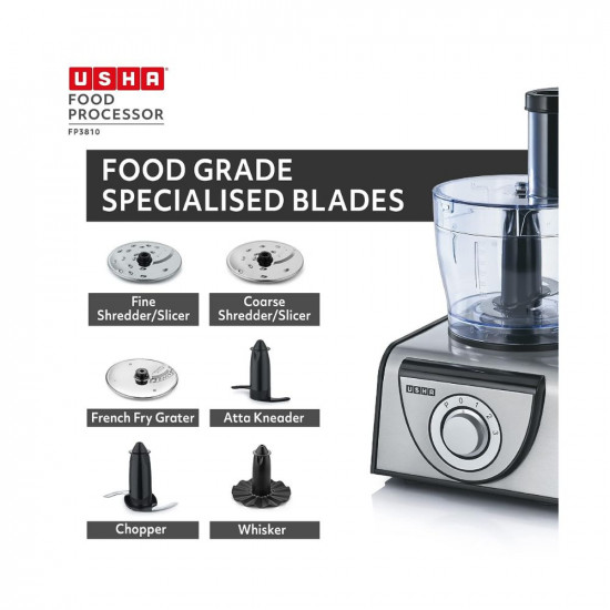 Usha FP 3810 Food Processor 1000 Watts Copper Motor with 13 Accessories(Premium SS Finish), Black and Steel