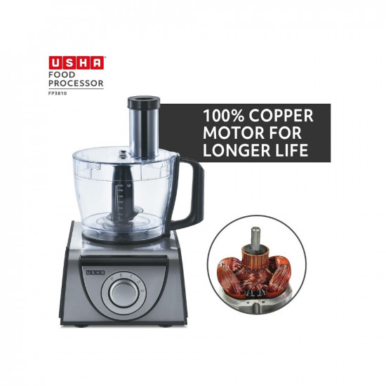 Usha FP 3810 Food Processor 1000 Watts Copper Motor with 13 Accessories(Premium SS Finish), Black and Steel
