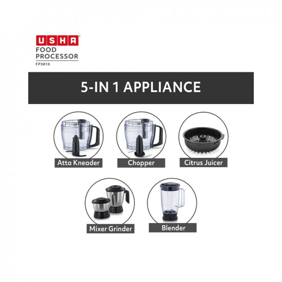 Usha FP 3810 Food Processor 1000 Watts Copper Motor with 13 Accessories(Premium SS Finish), Black and Steel