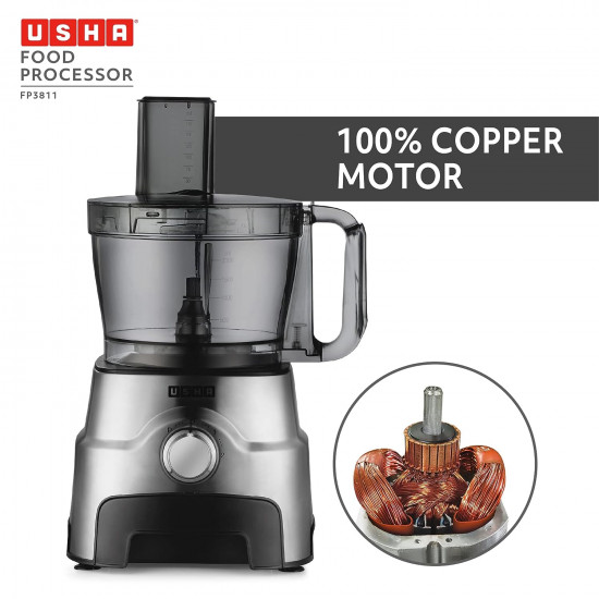 Usha FP 3811 Food Processor 1000 Watts Copper Motor with 13 Accessories(Premium SS Finish), Black and Steel