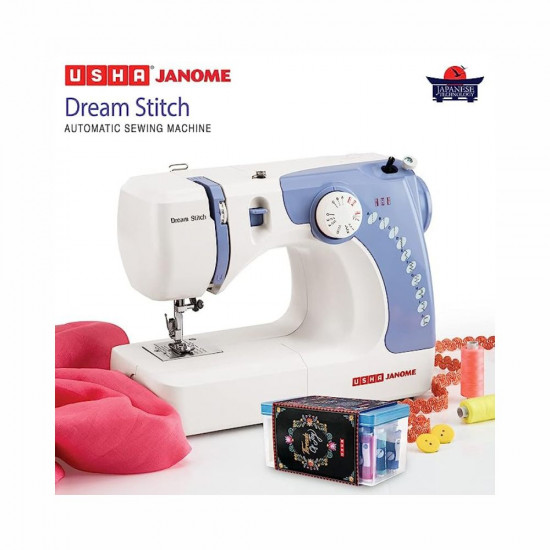 Usha Janome Dream Stitch Automatic Zig Zag Electric Sewing Machine with 14 Stitch Function White and Blue with Free Sewing KIT Worth RS 500