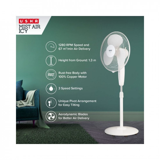 USHA Mist Air ICY 3 Blade 400MM Pedestal Fan White