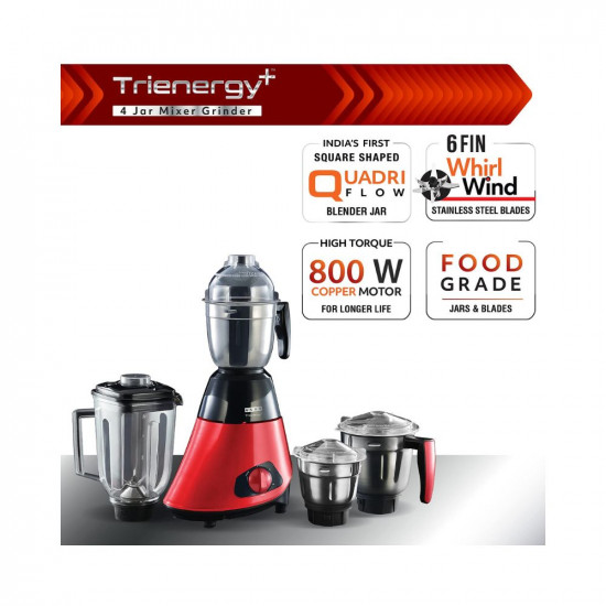 Usha Trienergy+ 800 Watt Powerful 100% Copper Motor 4 Jar Mixer Grinder