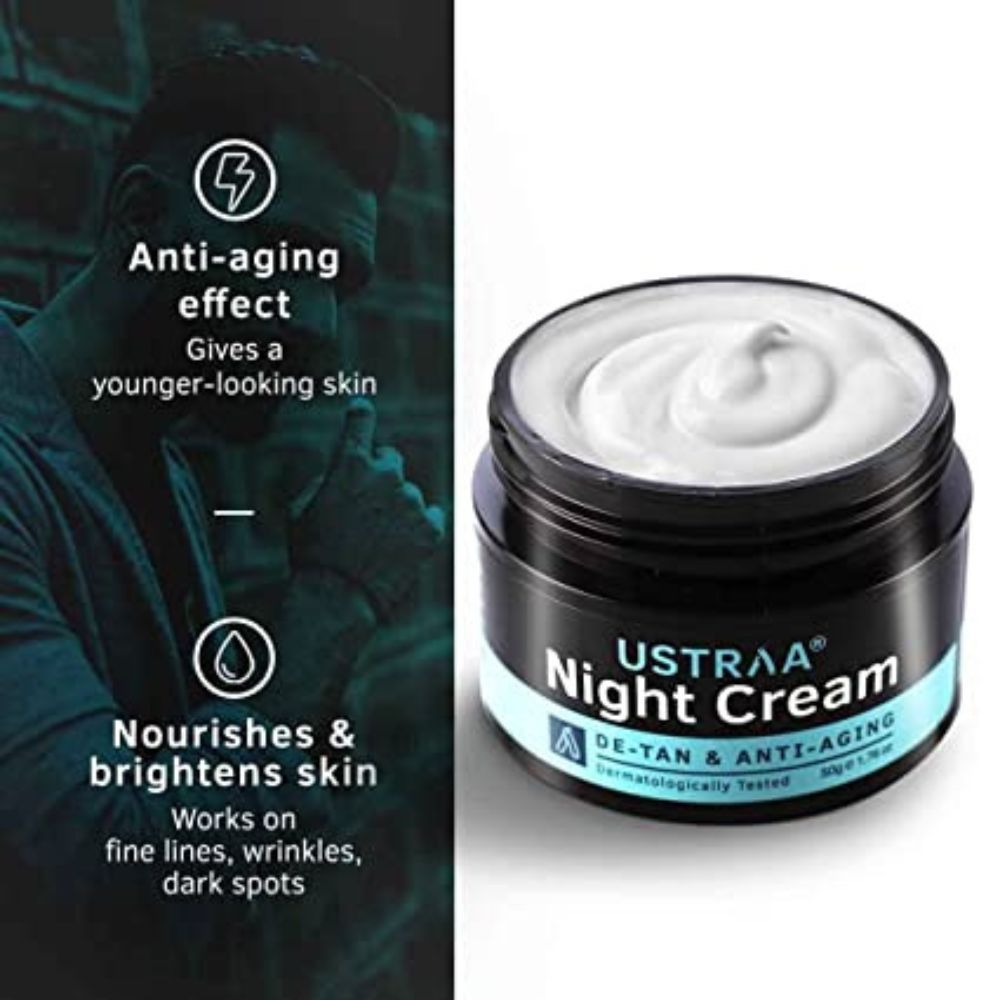 Ustraa Night Cream - De-tan & Anti-aging 50g - Dermatologically Tested - with Niacinamide and Licorie Extract - No Sulphates, No Parabens, No Mineral Oil