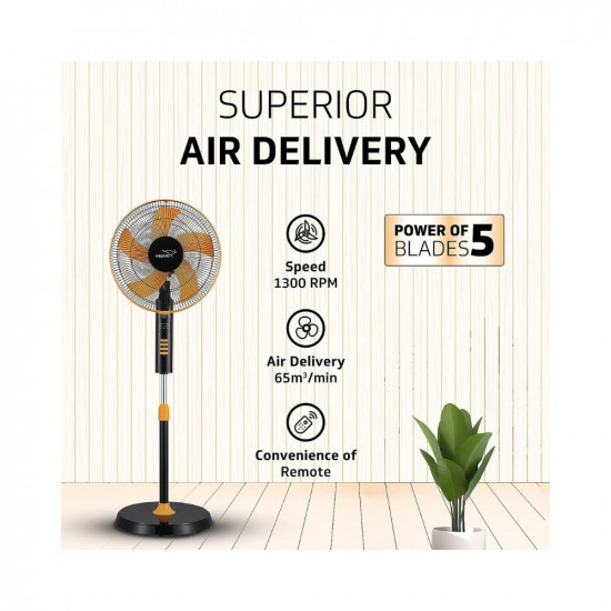 V-Gaurd Esfera 5 Blade Pedestal Fan With Remote Control | Three Fan Speed Modes | 100% Copper Synchronous 1300 RPM Motor | CRNO Lamination For Optimum Energy Use | Orange Black | 40 cm (400mm)