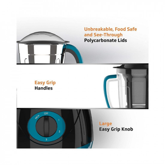 V-Guard AG 754 750 Watt Juicer Mixer Grinder, Blue & Black / 4 Jars (3 Stainless Steel Jars + 1 Juicer Jar) / Shock-Proof ABS Body/Stable Anti-Skid Base/Overload Protection