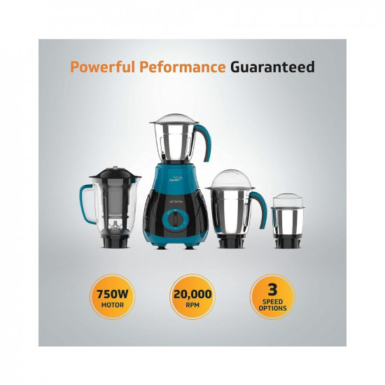 V-Guard AG 754 750 Watt Juicer Mixer Grinder, Blue & Black / 4 Jars (3 Stainless Steel Jars + 1 Juicer Jar) / Shock-Proof ABS Body/Stable Anti-Skid Base/Overload Protection