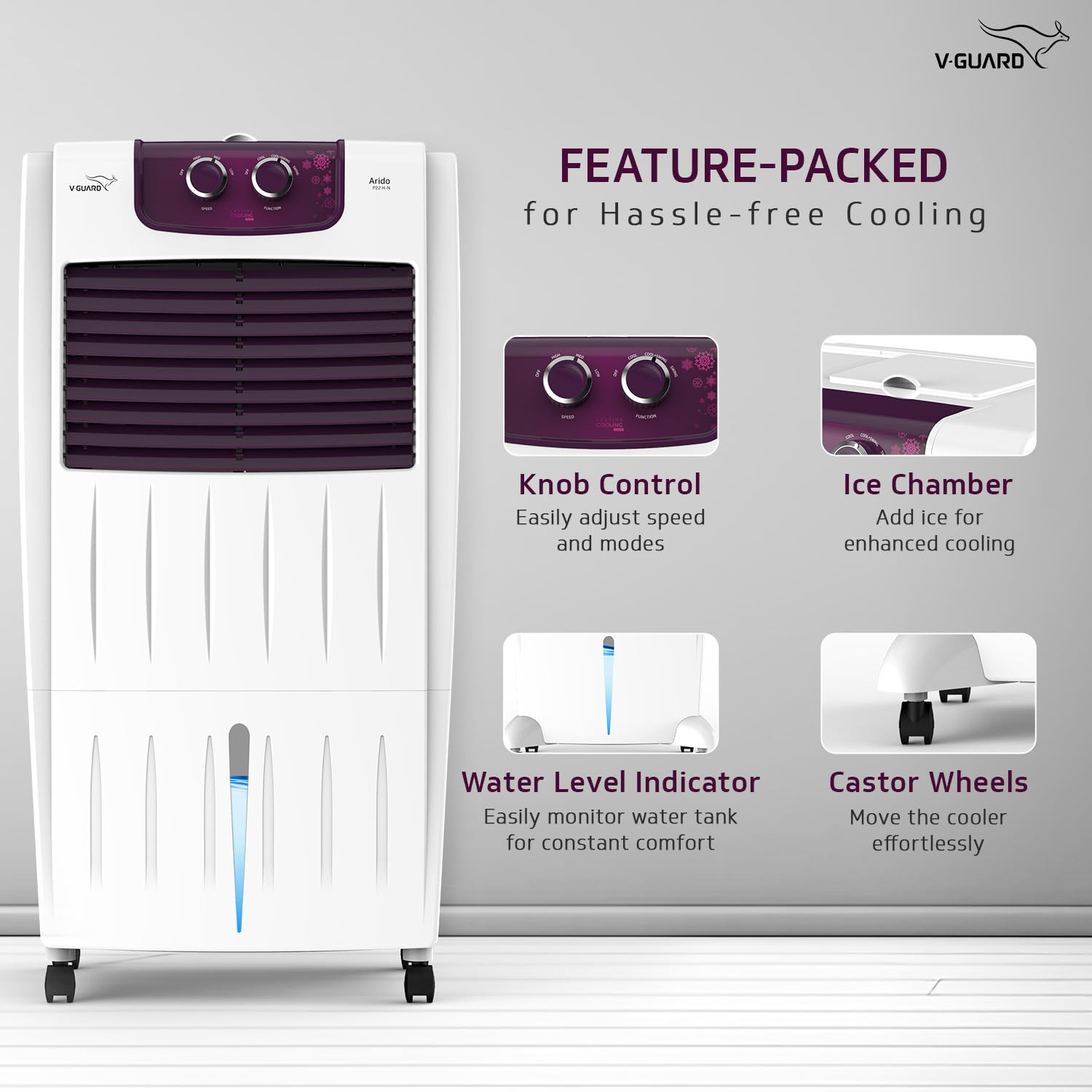 V-Guard Arido P22H-N Personal Air Cooler for Home  Mosquito  Dust Filter  2 Year Warranty  22 L White  Purple burry