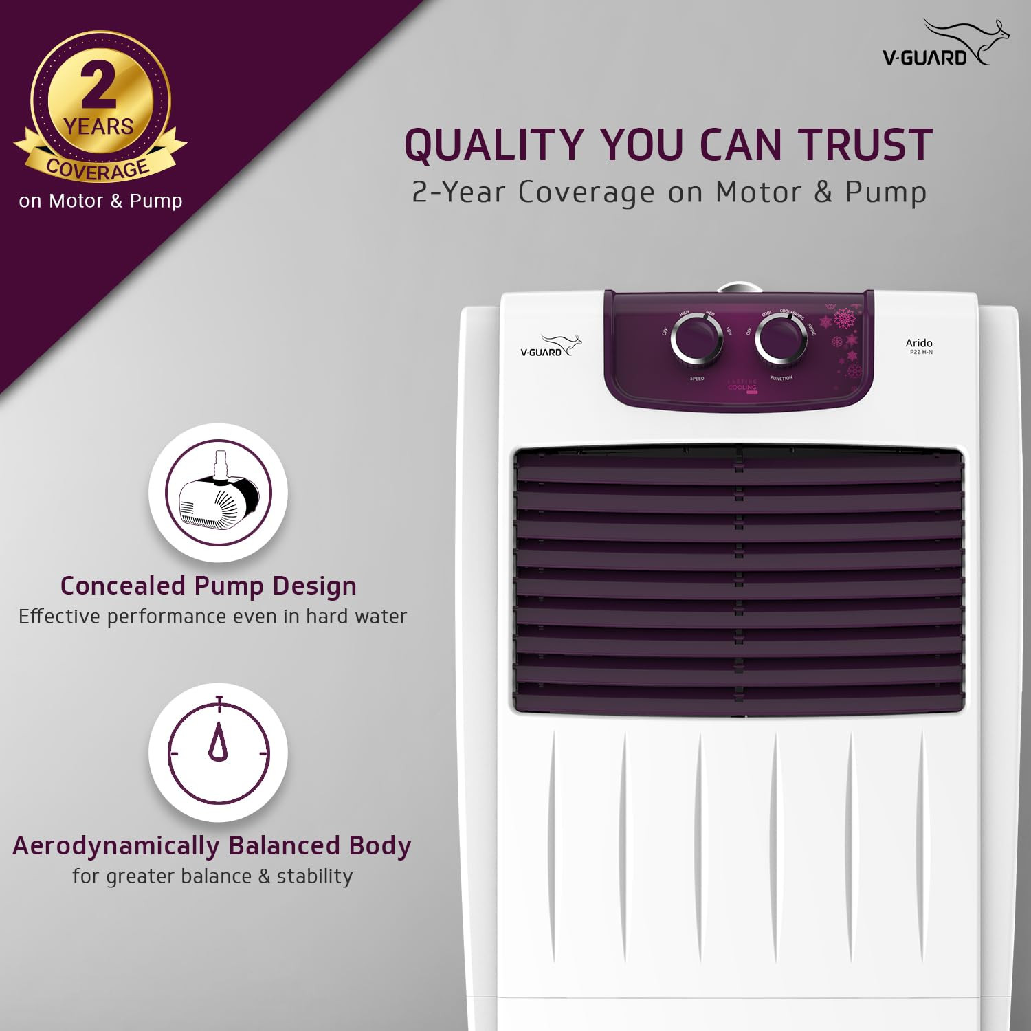 V-Guard Arido P22H-N Personal Air Cooler for Home  Mosquito  Dust Filter  2 Year Warranty  22 L White  Purple burry