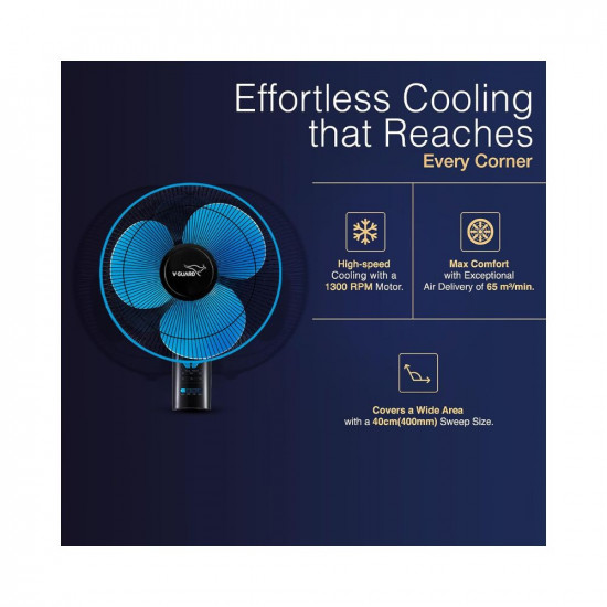 V-Guard Esfera PLUS RW 16 Wall Fan for Home with Remote Control | 3 Speed Controls, Inbuilt Timer | Powerful 100% Copper Motor | Corrossion-Resistant Metal Grill | Sweep 40 cm, Power Consumption: 52W (Blue Black)