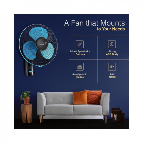 V-Guard Esfera PLUS RW 16 Wall Fan for Home with Remote Control | 3 Speed Controls, Inbuilt Timer | Powerful 100% Copper Motor | Corrossion-Resistant Metal Grill | Sweep 40 cm, Power Consumption: 52W (Blue Black)