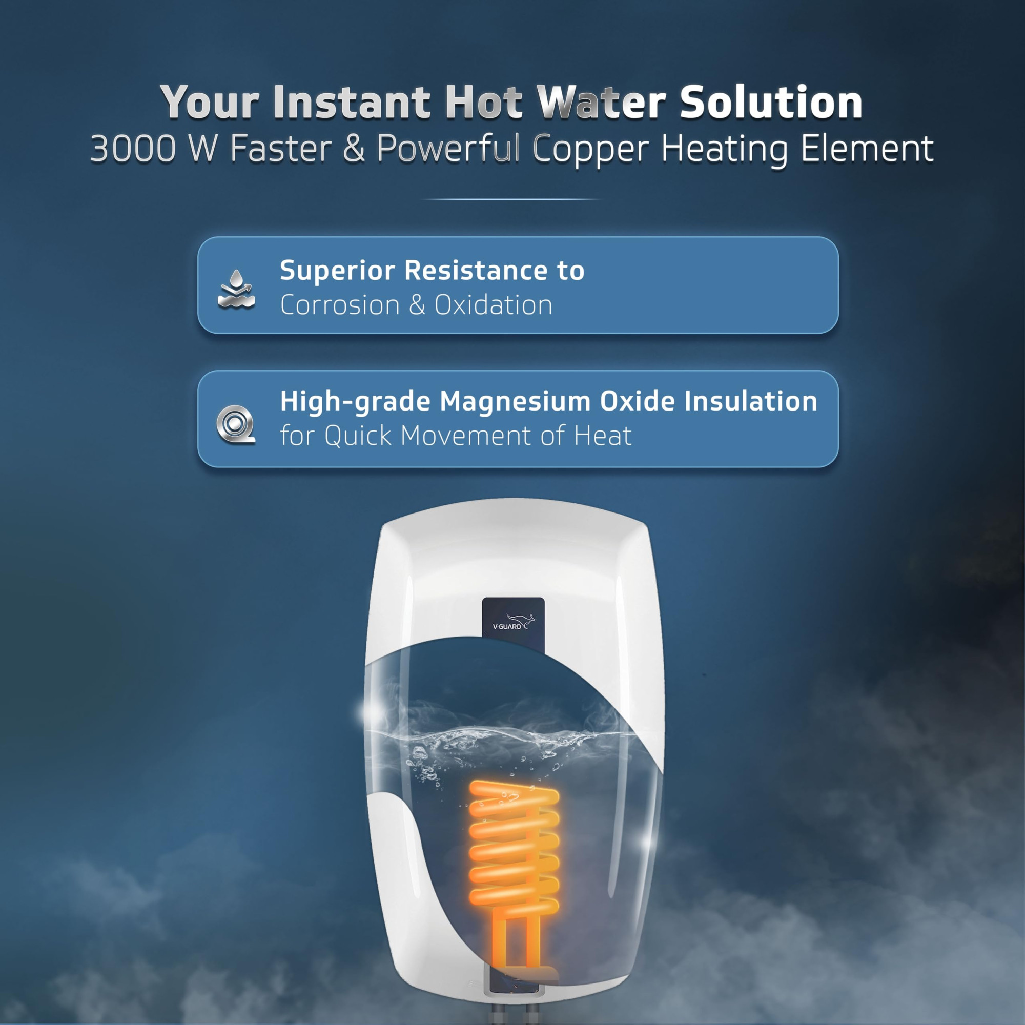 V-Guard Zio Geyser 5 Litre Instant Water Heater  Advanced Multi-Layered Safety  3000 W Powerful Heating  Suitable For Kitchen  Bathroom  5 Year Inner Tank Warranty by V-Guard  White-Blue