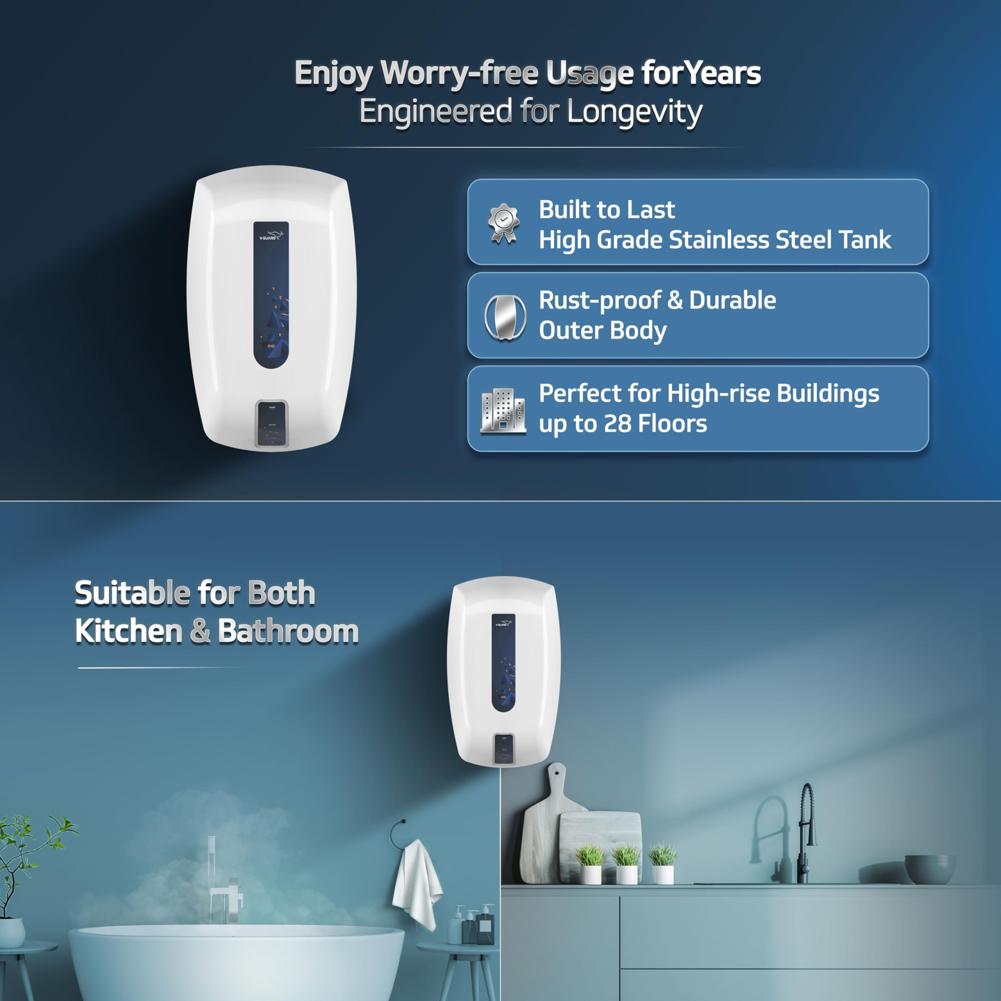 V-Guard Zio Geyser 5 Litre Instant Water Heater Advanced Multi-Layered Safety 3000 W Powerful Heating Suitable For Kitchen Bathroom 5 Year Inner Tank Warranty by V-Guard White-Blue