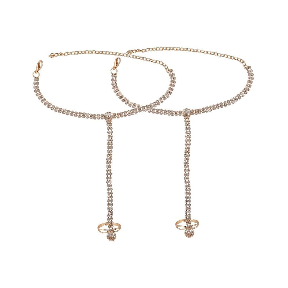 VAMA Fashions Rose Gold Stone HathPhool Diamond Bridal Finger Ring Bracelet