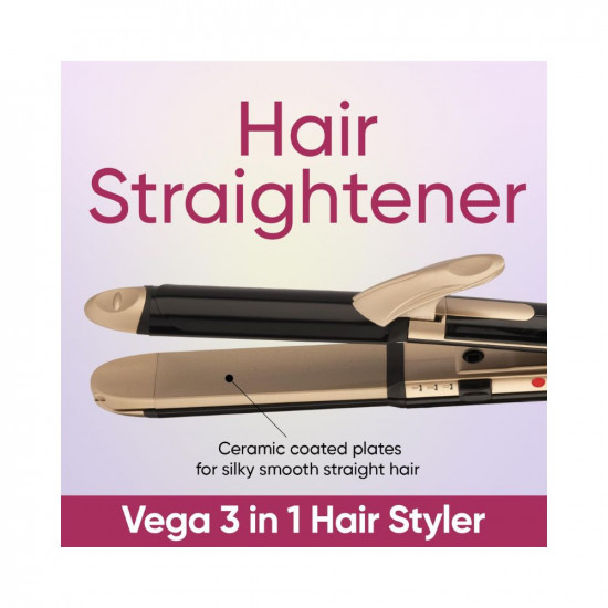 Vega 3 in 1 Hair Styler, (India's No.1* Hair Styler Appliance), Hair Straightener, Curler & Crimper, VHSCC-01, Black