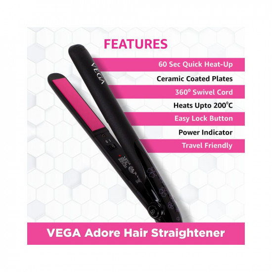 VEGA Adore Hair Straightener with Ceramic Coated Plates & Quick Heat-Up (VHSH-18), Color May Vary, (Made In India)