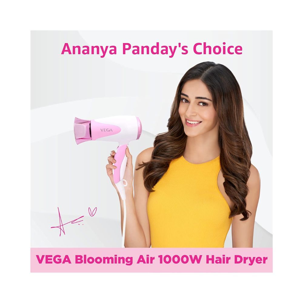 VEGA Blooming Air Foldable 1000 Watts Hair Dryer With Heat & Cool Setting And Detachable Nozzle (VHDH-05), Color May Vary, (Made In India)