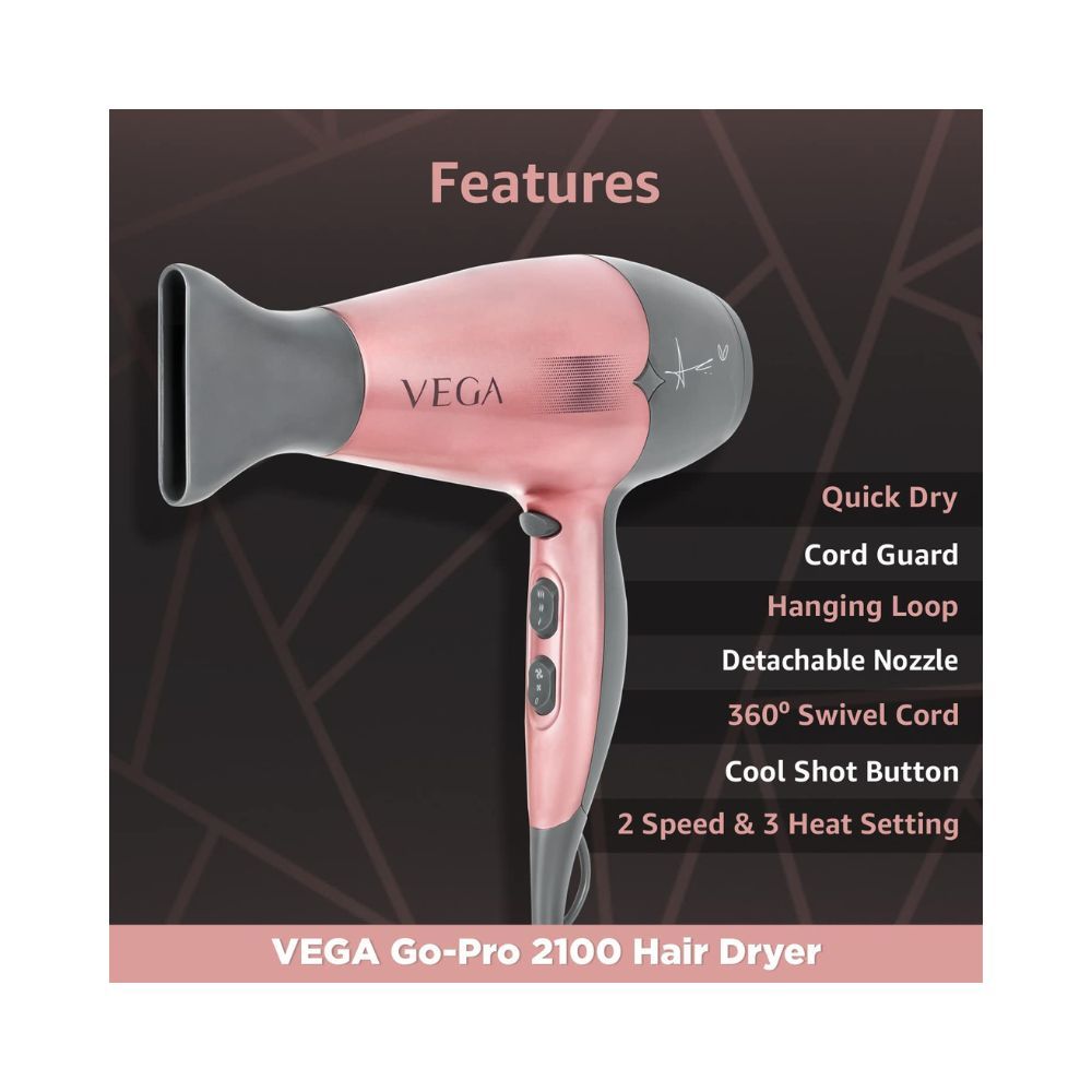 Vega Hair Dryer for Women With Cool Shot Button & 3 Heat Settings, 2100W Blow Dryer, (VHDH-25)