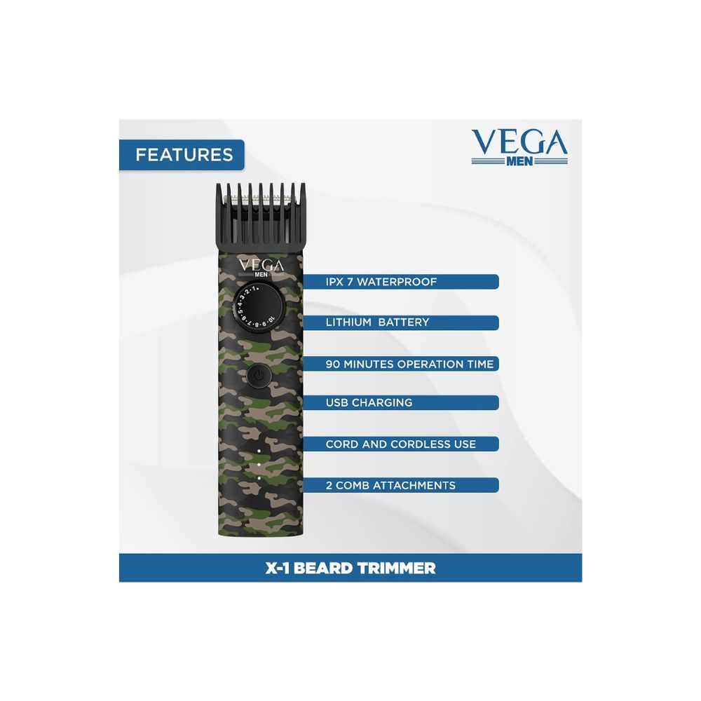 Vega Men X1 Beard Trimmer For Men With Quick Charge, 90 Mins Run-time, Waterproof(VHTH-16)
