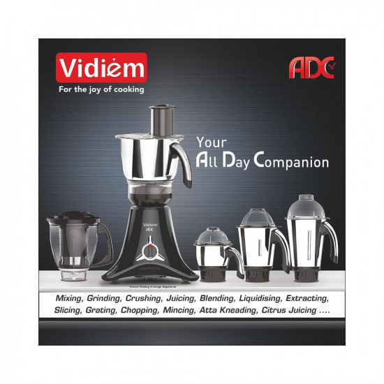 Vidiem ADC Mixer Grinder 579A (Black) | 750 watt Mixer grinder with 5 Jars in 1 Juicer | Leakproof Jars with self-lock for wet & dry spices, chutneys & curries | 5 Years Warranty | Mixie grinder