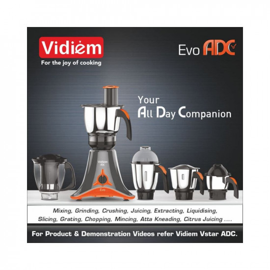 Vidiem ADC Mixer Grinder 612 Evo(ONL) | 750 Watt Mixer Grinder with 5 Jars in-1 Juicer | Leakproof Jars with self-Lock for Wet and Dry Spices,Chutneys and Curries | 2 Years Warranty (Black & Orange)