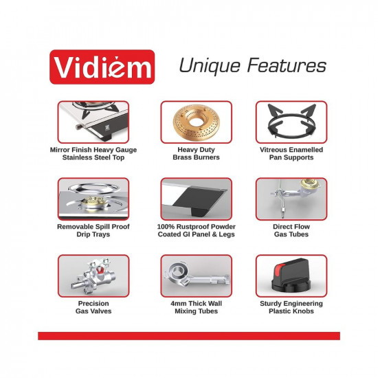 Vidiem Gas Stove S3 179 A Viva (Silver & Black) | 3 Burner Stainless Steel | ISI Certified | Manual Ignition | 5 Years Warranty