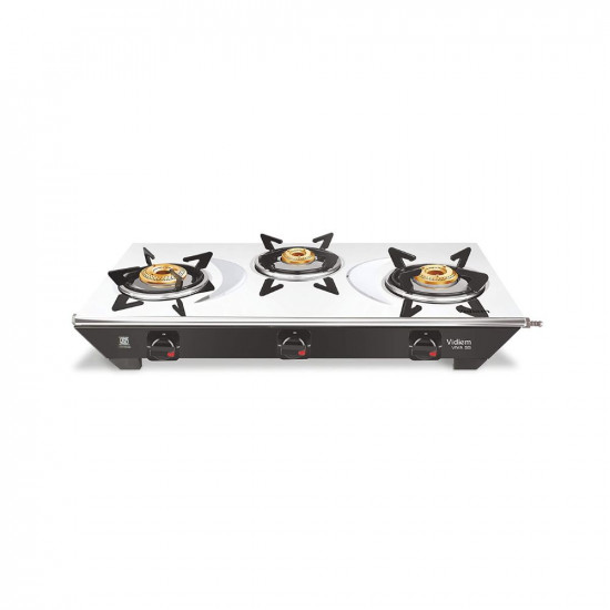 Vidiem Gas Stove S3 179 A Viva (Silver & Black) | 3 Burner Stainless Steel | ISI Certified | Manual Ignition | 5 Years Warranty