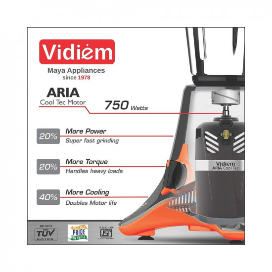Vidiem Mixer Grinder 541 A (Grey with Orange) | 750 watt Mixer grinder with 4 Jar in-1 Juicer | Leakproof Jars with self-lock for wet & dry spices, chutneys & curries | 5 Years Warranty