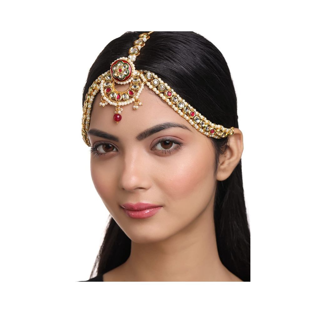 Viraasi Gold Plated Kundan Beaded Matha Patti for Women and Girls