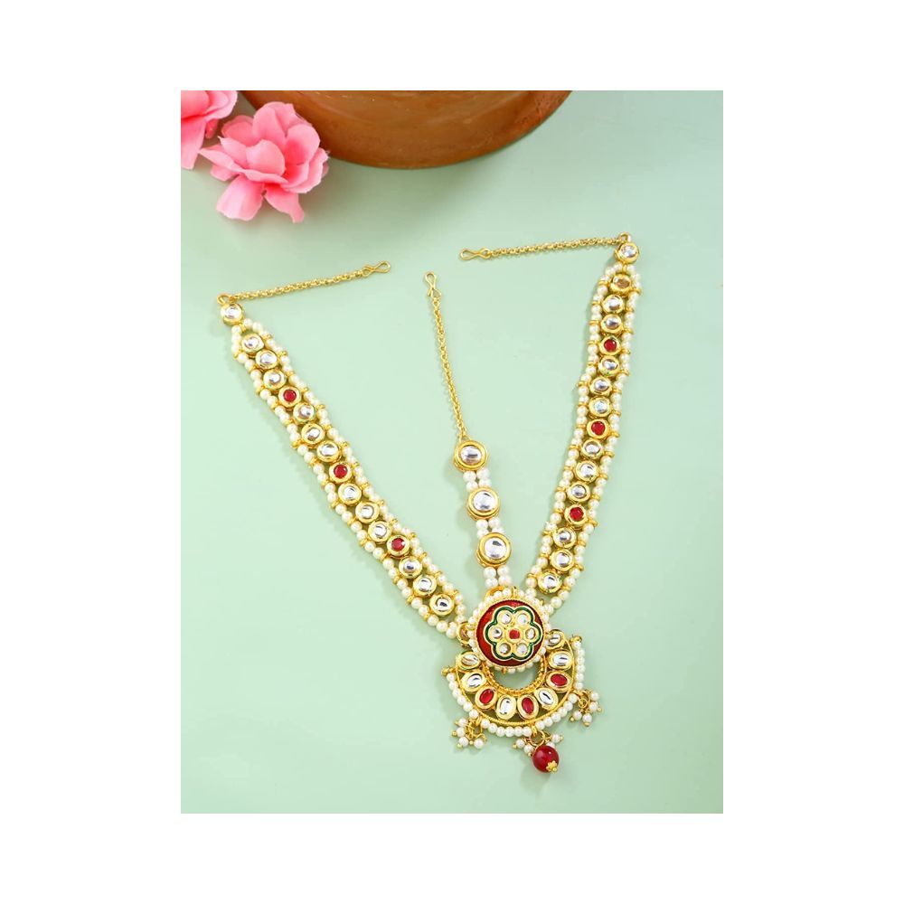 Viraasi Gold Plated Kundan Beaded Matha Patti for Women and Girls