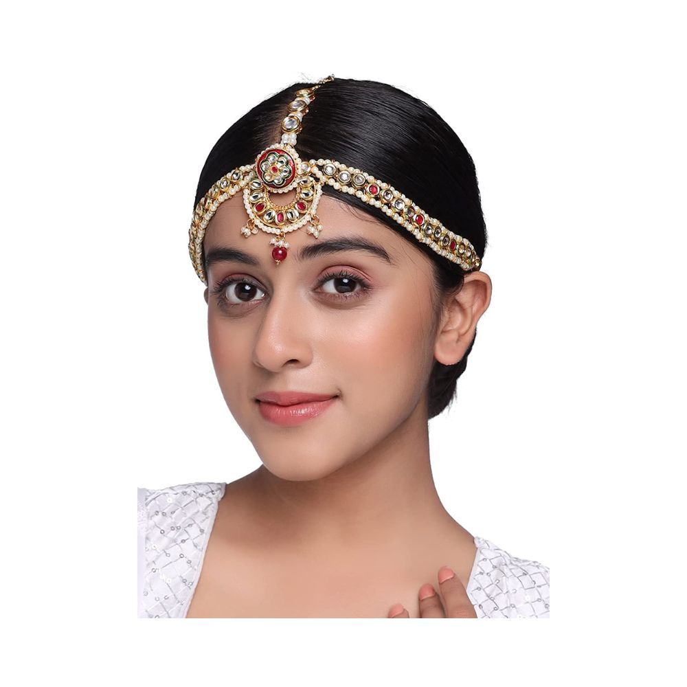 Viraasi Gold Plated Kundan Beaded Matha Patti for Women and Girls