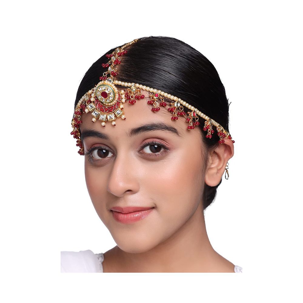 Viraasi Gold Plated Kundan Red Beaded Matha Patti for Women