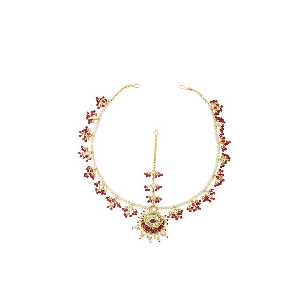 Viraasi Gold Plated Kundan Red Beaded Matha Patti for Women