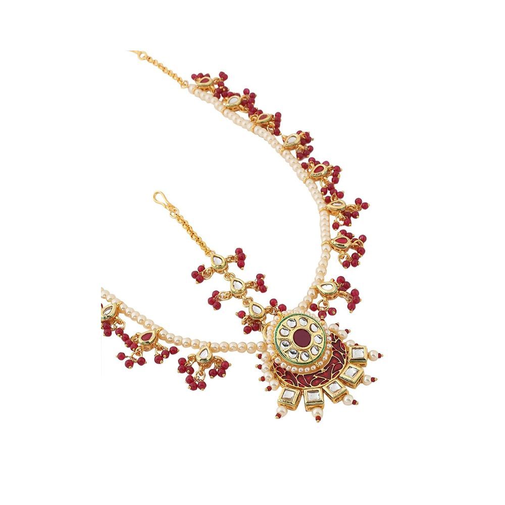 Viraasi Gold Plated Kundan Red Beaded Matha Patti for Women