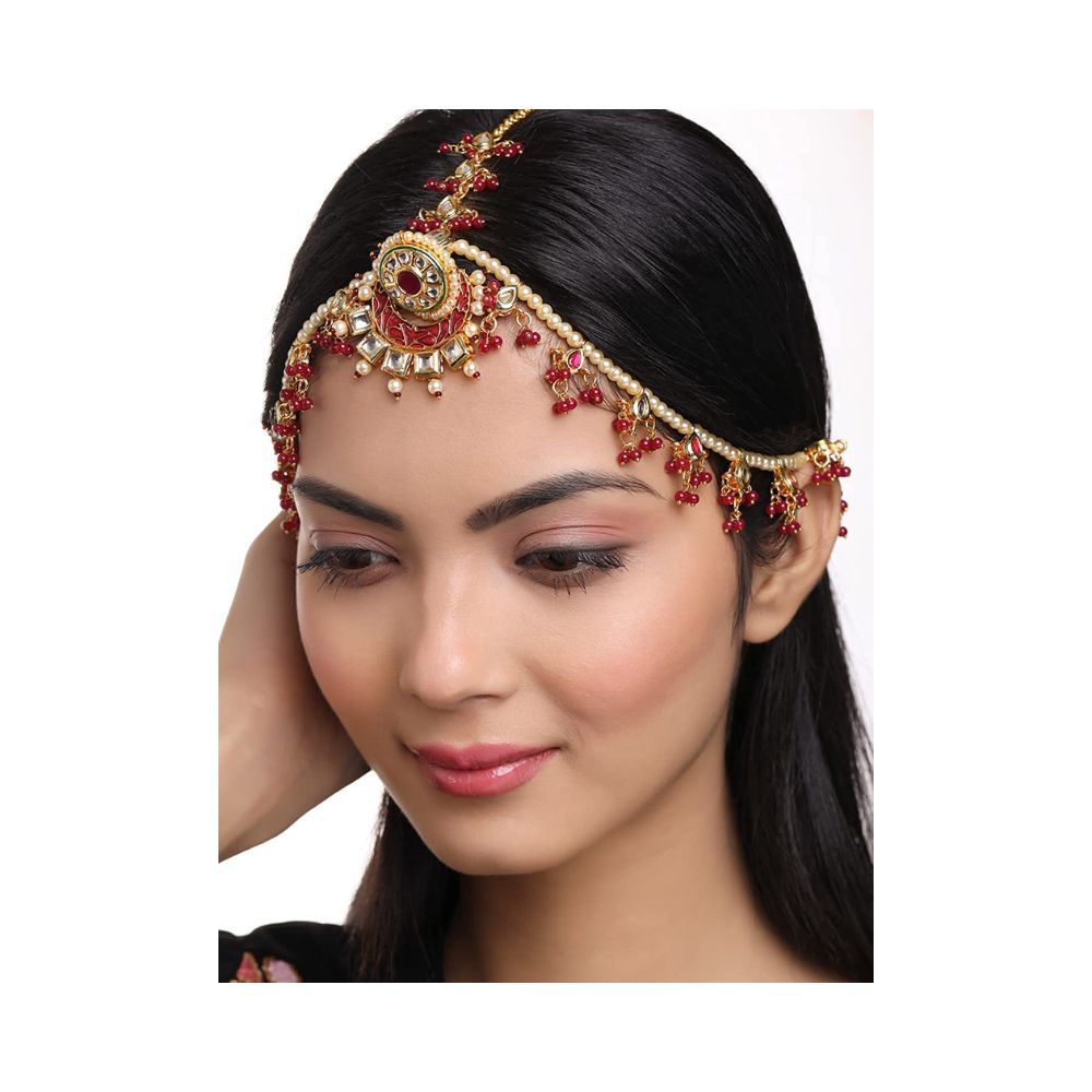 Viraasi Gold Plated Kundan Red Beaded Matha Patti for Women