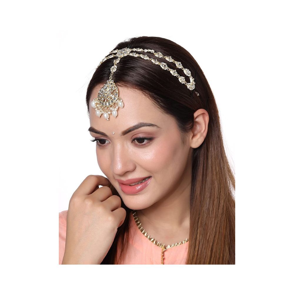 Viraasi Kundan Beaded Matha Patti Gold Plated Traditional Matha Patti for Women