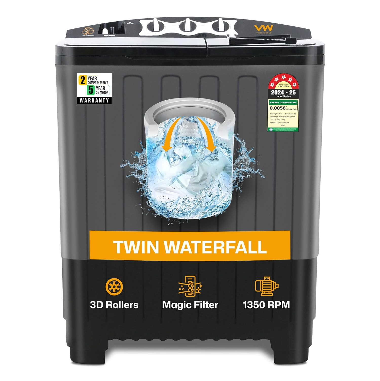Visio World 75 kg Semi Automatic Top Load Washing Machine Aqua-Spin0075P Black
