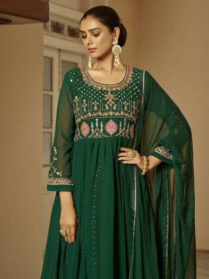 Vivacious Dark Green Embroidered Georgette Festival Wear Salwar Kameez