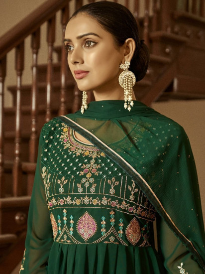 Vivacious Dark Green Embroidered Georgette Festival Wear Salwar Kameez