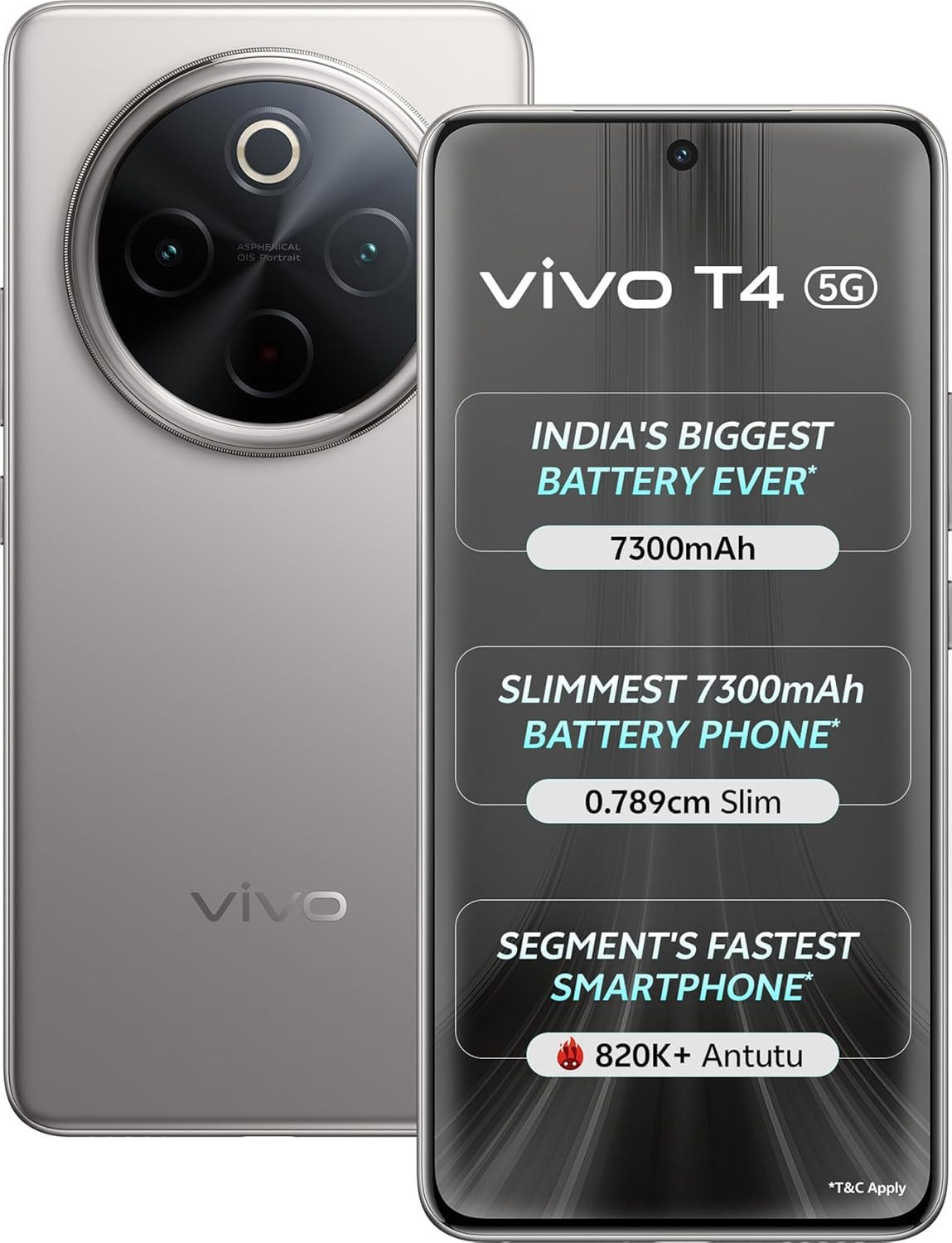 VIVO T4 5G Phantom Grey 8GB RAM256GB Storage  Snapdragon 7s Gen 3  120Hz Quad-Curved AMOLED  7300mAh90W Fast Charge  50MP Sony OIS Camera  Military Grade Build  AI Photo Enhance  AI Erase