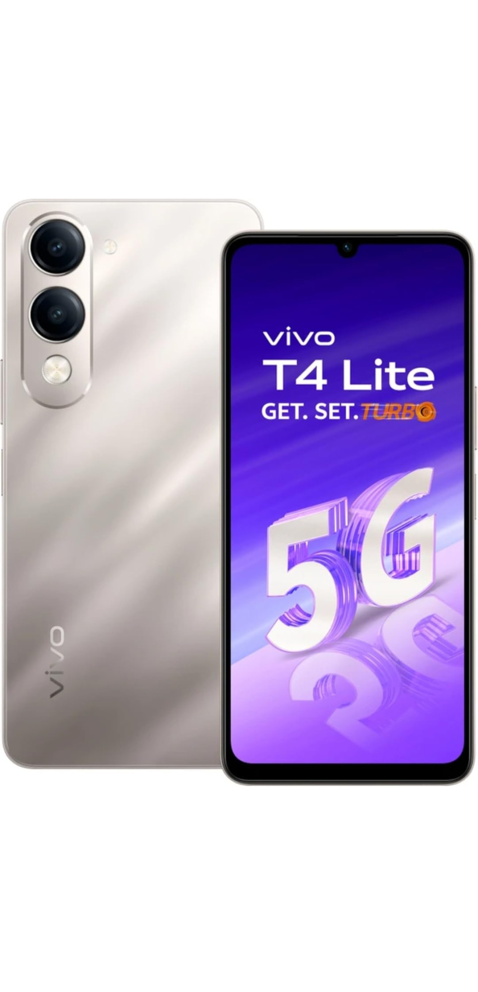 VIVO T4 Lite 5G 4GB RAM 128GB Storage Titanium Gold  674 HD 90Hz LCD  Dimensity 6300  50MP Dual AI Camera  Android 14  6000mAh Battery  IP64  Side Fingerprint  15W Charging  Dual SIM