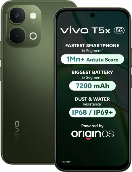 Image of vivo T5x 5G (Cyber Green, 6GB RAM, 128GB Storage) | 50MP AI Dual Camera | 32MP Selfie | 6.76" FHD+ Display | 7200mAh Battery | Dimensity 7400-Turbo Processor | Fast Charging | Dual SIM Smartphone