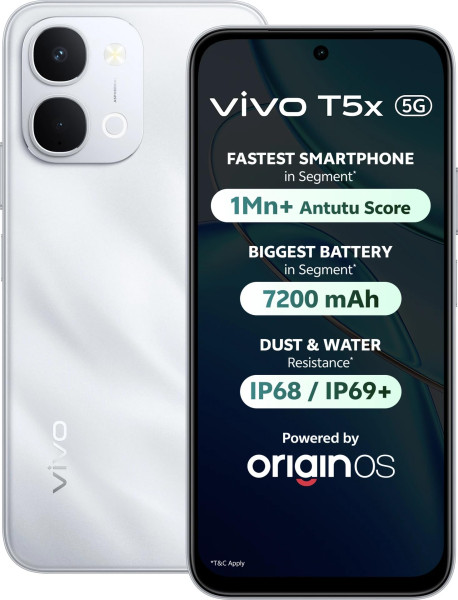 Image of vivo T5X 5G (Star Silver, 8GB RAM, 128GB Storage) | 7200mAh Battery | 50MP Dual Camera | 32MP Selfie Camera | 6.76" FHD+ 120Hz Display | Dimensity 7400 Turbo Processor