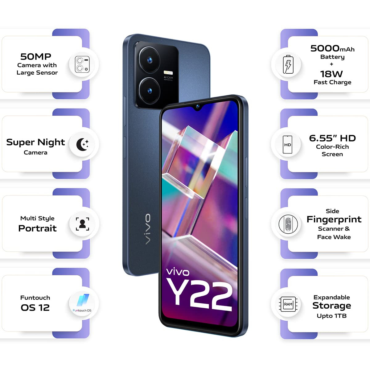 Vivo Y22 Starlit Blue 4GB RAM 128GB Storage with No Cost EMIAdditional Exchange Offers