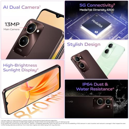 Vivo Y28e 5G Vintage Red 4GB RAM 64GB Storage with No Cost EMIAdditional Exchange Offers  with Charger