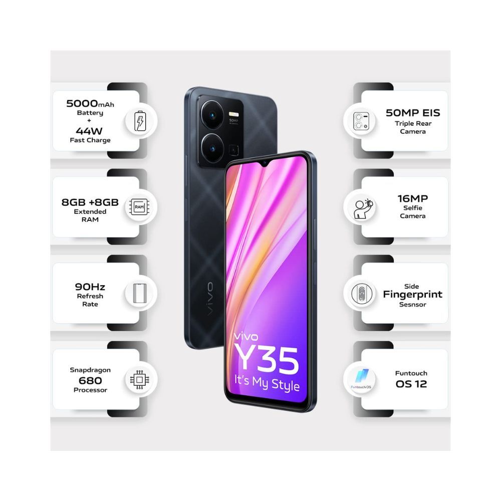Vivo Y35 (Agate Black, 8GB RAM, 128GB Storage)
