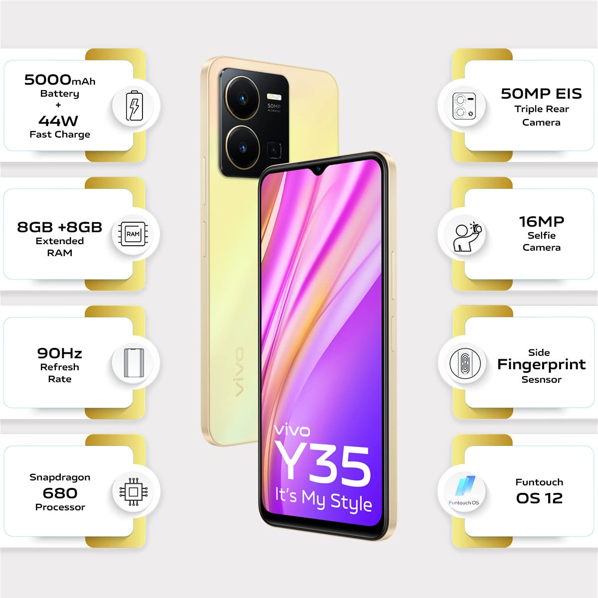 Vivo Y35 Dawn Gold 8GB RAM 128GB Storage with No Cost EMIAdditional Exchange Offers