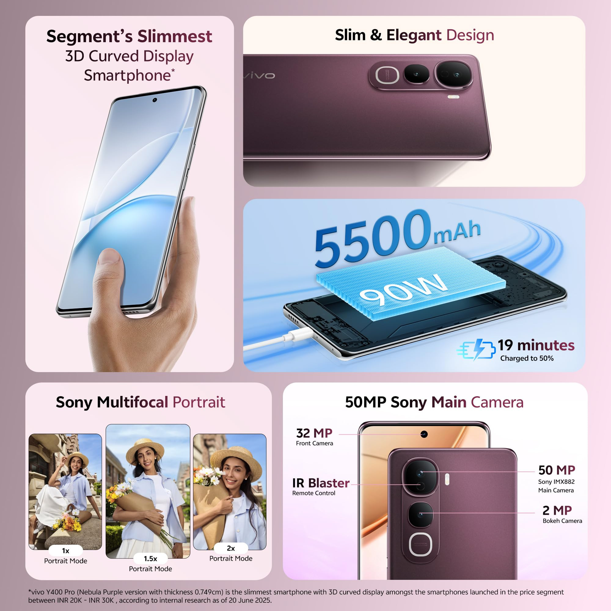 Vivo Y400 Pro 5G Nebula Purple 8GB RAM 128GB Storage with No Cost EMIAdditional Exchange Offers