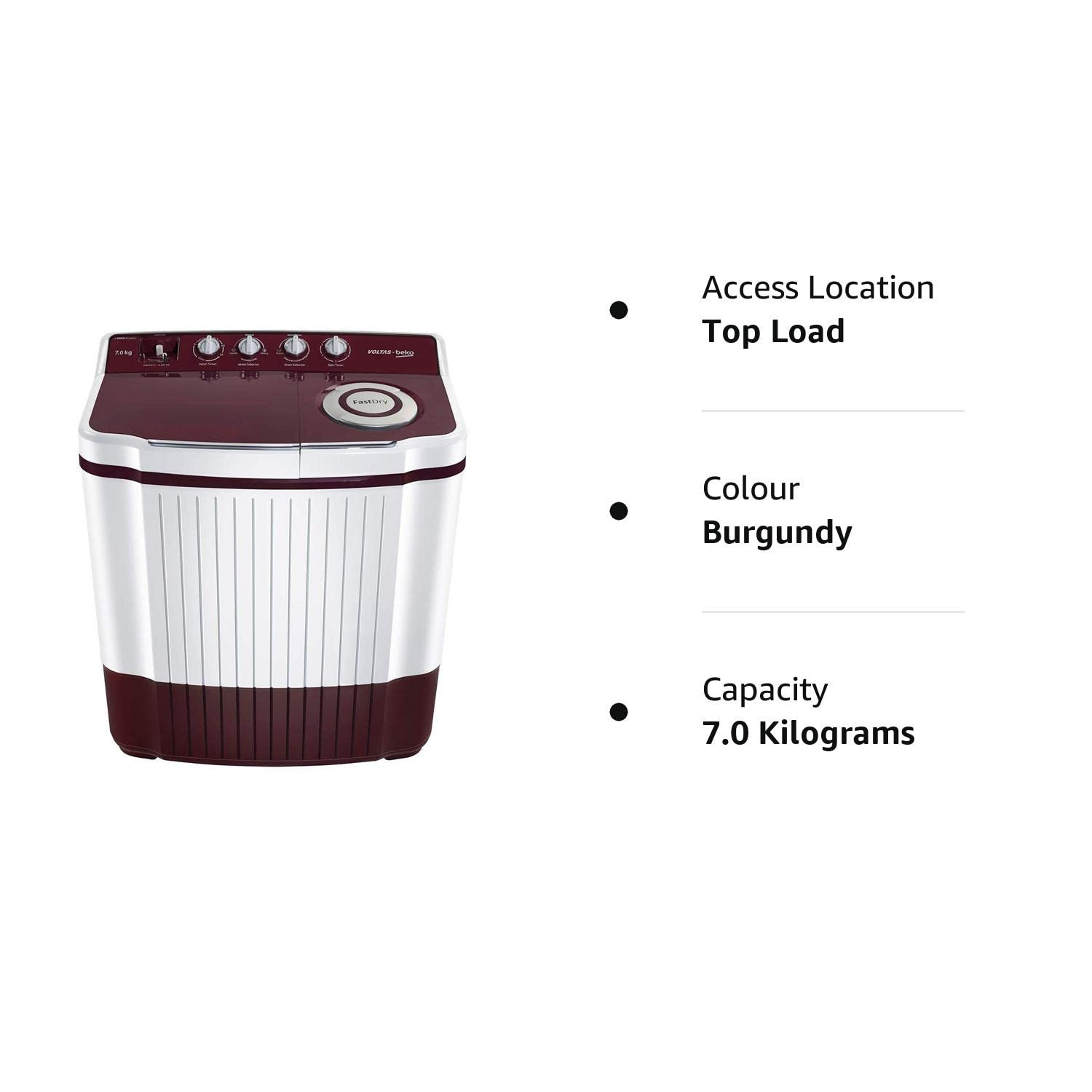 Voltas Beko 7Kg Semi Automatic Top Loading Washing Machine WTT70DLIMBurgundy
